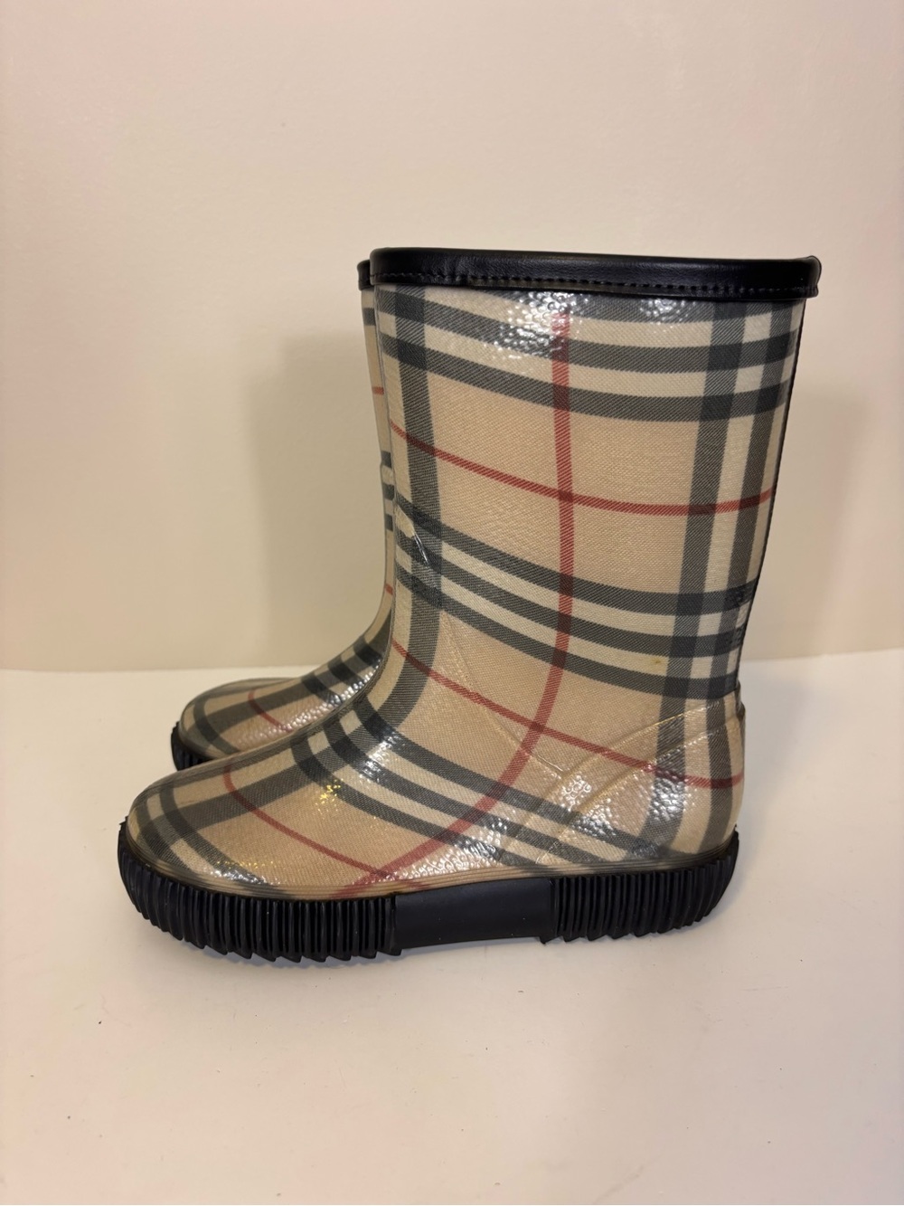 Burberry Beige Plaid Nova Check Kids Rain Boots Size 1/2